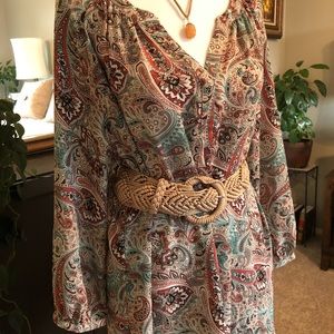 Roz & Ali Paisley Tunic-Length V-Neck Blouse